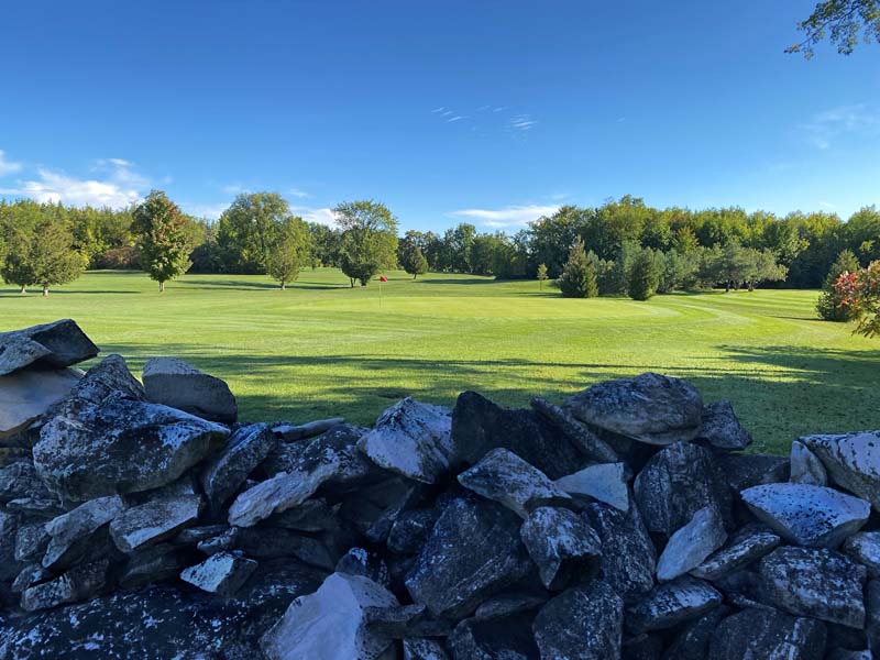 rocks in the front and a green in the background