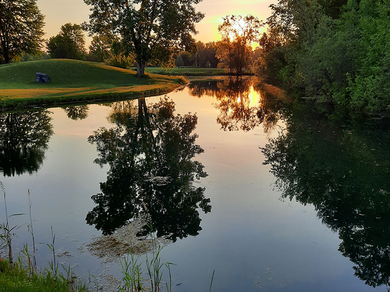 pond on the course at sunset